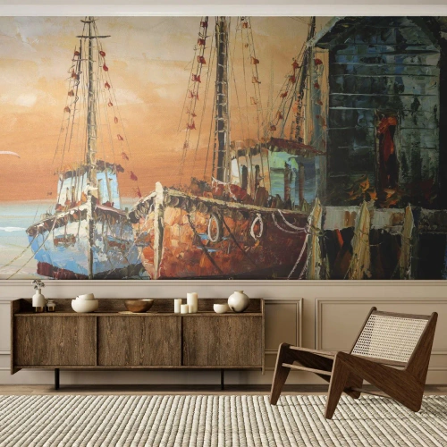 Fototapeta Premium Sand - Klidný návrat - Rybářská loď, Rybářský přístav, Kus - 250x175 cm