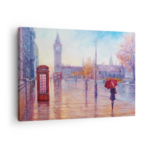 Obraz na plátně - Londýnská ulice s Big Benem v deštivý den - 70x50cm - Londýnský podzimní den - Moderní nástěnná dekorace do obývacího pokoje a ložnice ARTTOR