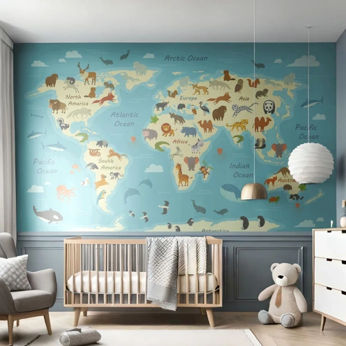 Fototapeta Samolepicí Deluxe Sticker - Dobří sousedé - Mapa světa, Mapa Se Zvířaty, Zvířata - 100x70 cm