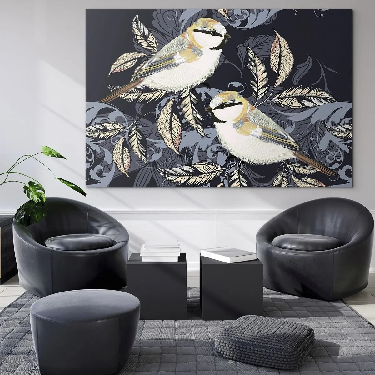 Obraz na skle - Ilustrace dvou ptáků na tmavém pozadí s ornamenty - 70x50cm - Žlutomodrá píseň - Moderní nástěnná dekorace do obývacího pokoje a ložnice ARTTOR