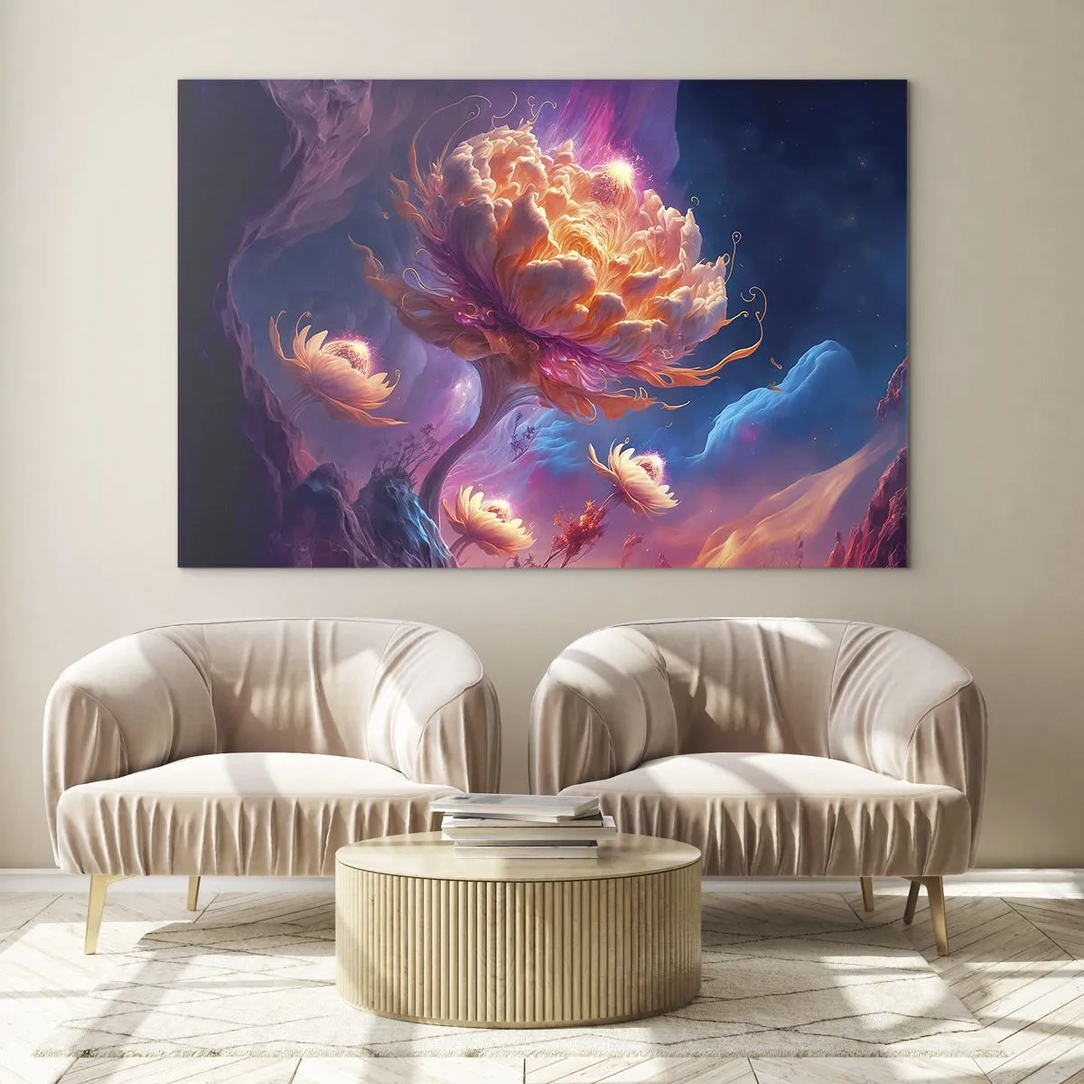 Obraz na skle - Fantastická květina plovoucí v kosmickém prostředí - 70x50cm - Jiný svět - Moderní nástěnná dekorace do obývacího pokoje a ložnice ARTTOR