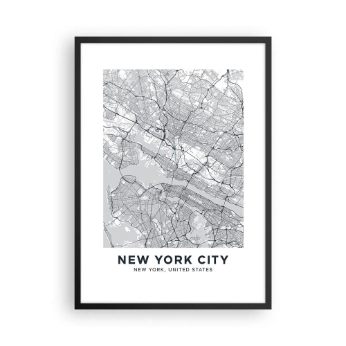 Plakát v černém rámu - Minimalistická mapa New Yorku - 50x70cm - Anatomie metropole - Moderní nástěnná dekorace do obývacího pokoje a ložnice ARTTOR