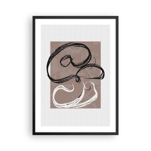 Plakát v černém rámu - Abstraktní kompozice s dynamickými tahy štětcem v černé a bílé barvě na hnědém pozadí. - 50x70cm - Kompozice – hledání úplnosti - Moderní nástěnná dekorace do obývacího pokoje a ložnice ARTTOR