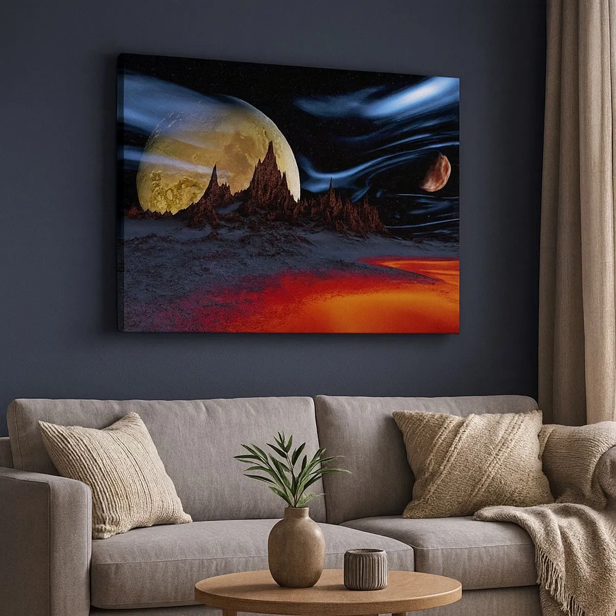Obraz na plátně - Fantastická krajina s planetami a sopečnou scenérií - 70x50cm - Neznámý svět - Moderní nástěnná dekorace do obývacího pokoje a ložnice ARTTOR