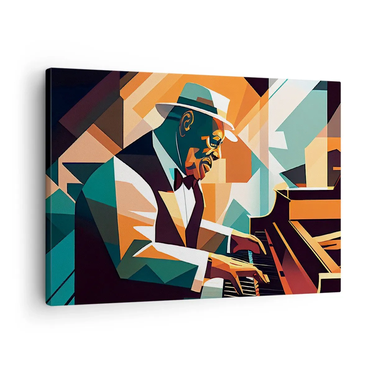 Obraz na plátně - Abstraktní hudebník hrající na klavír v teplých barvách. - 70x50cm - Celý tento jazz - Moderní nástěnná dekorace do obývacího pokoje a ložnice ARTTOR