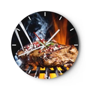 Nástěnné hodiny - Šťavnatý steak na grilu s ohněm v pozadí - 30x30cm - Šťavnaté a voňavé - Moderní nástěnná dekorace do obývacího pokoje, kuchyně a ložnice ARTTOR