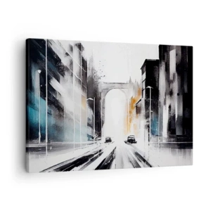 Obraz na plátně - Abstraktní panorama města s klenutým mostem - 70x50cm - Studie města: architektura a pohyb - Moderní nástěnná dekorace do obývacího pokoje a ložnice ARTTOR