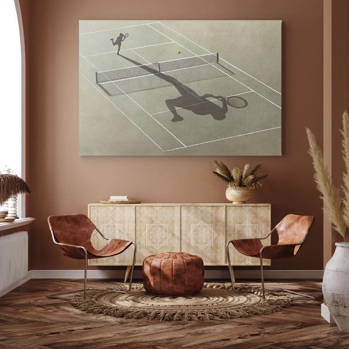 Obraz na plátně - Stín tenisty na kurtu během tenisového zápasu - 70x50cm - Dobývání sama sebe - Moderní nástěnná dekorace do obývacího pokoje a ložnice ARTTOR