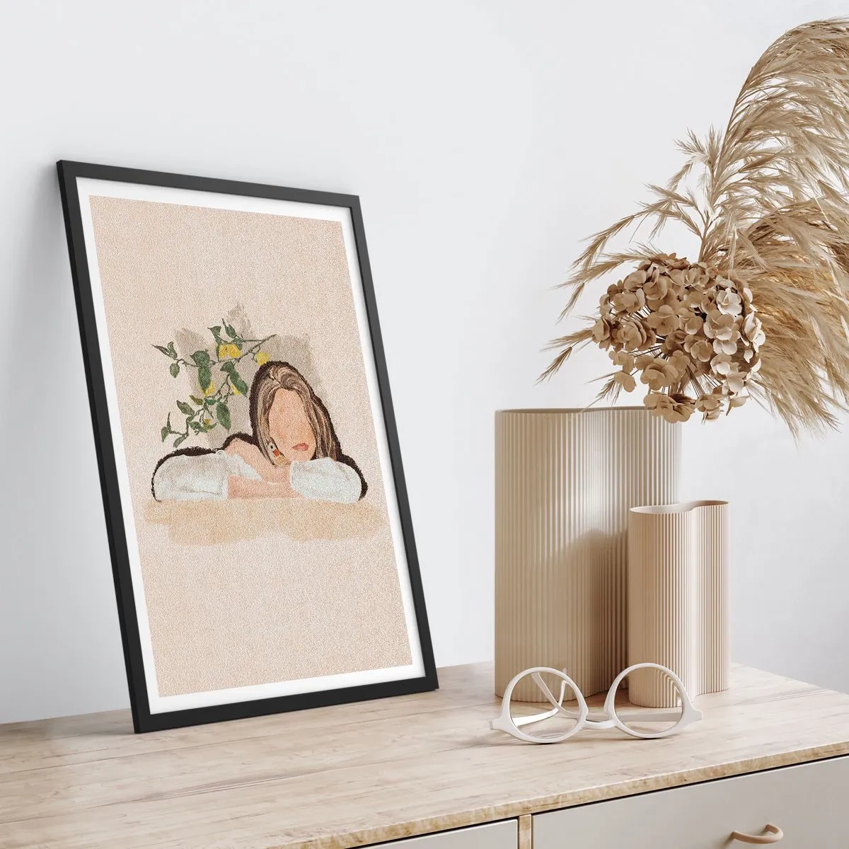 Plakát v černém rámu - Zamyšlená postava obklopená přírodou - 50x70cm - Krasavice z jihu - Moderní nástěnná dekorace do obývacího pokoje a ložnice ARTTOR