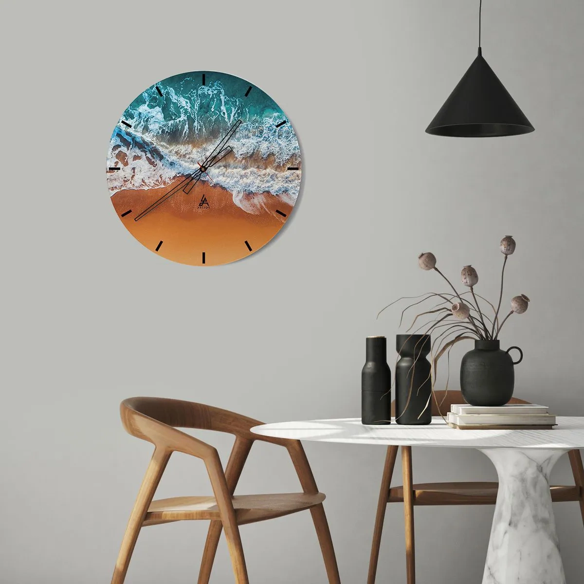 Nástěnné hodiny - Orientální scéna s lodí a třešňovými květy ve stylu akvarelu - 30x30cm - Vždy pár - Moderní nástěnná dekorace do obývacího pokoje, kuchyně a ložnice ARTTOR