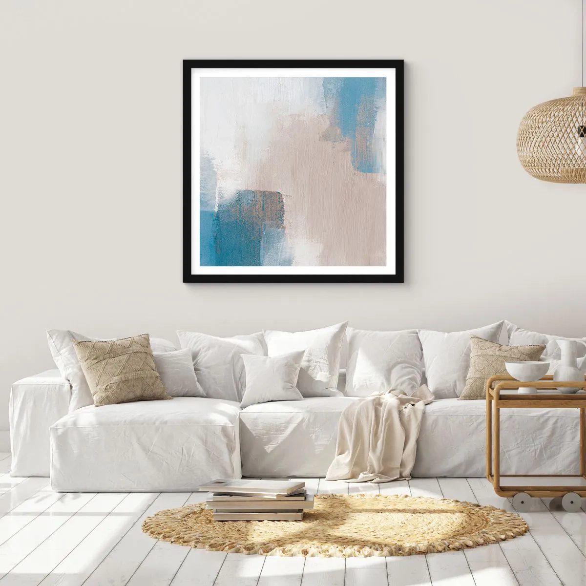 Plakát v černém rámu - Růžová abstrakce za modrým závojem - 30x30 cm