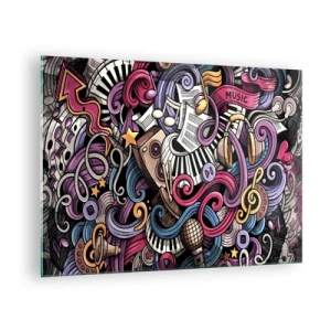 Obraz na skle - Barevné hudební motivy s notami a nástroji - 70x50cm - Komplikovaná melodie - Moderní nástěnná dekorace do obývacího pokoje a ložnice ARTTOR