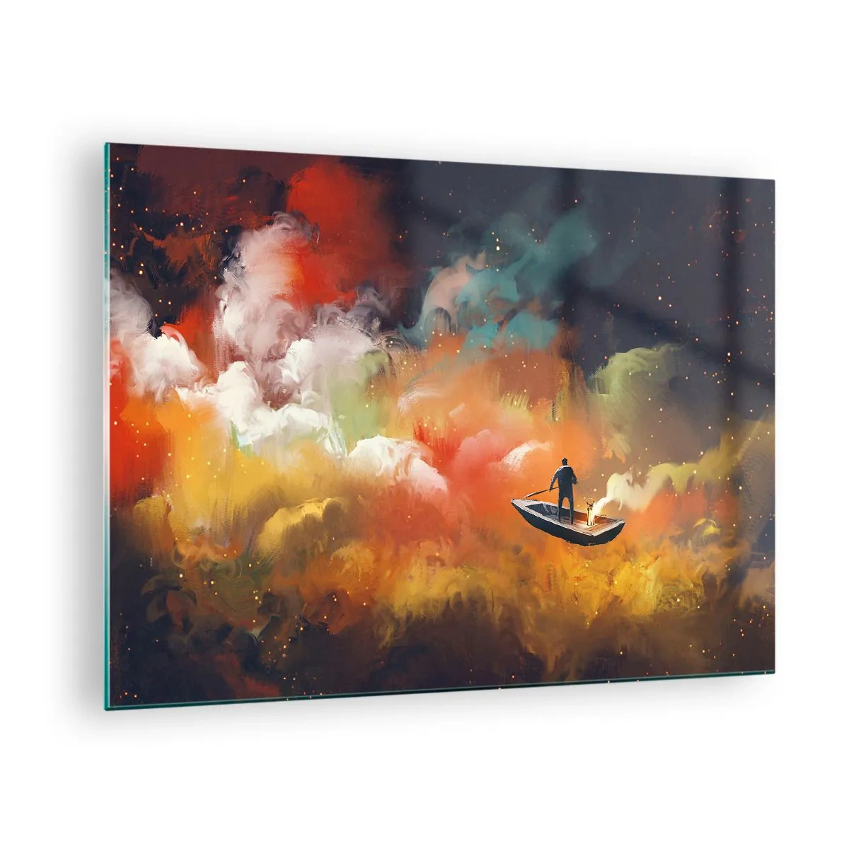 Obraz na skle - Postava na lodi plující mezi barevnými galaktickými mraky - 70x50cm - Lodí galaxií - Moderní nástěnná dekorace do obývacího pokoje a ložnice ARTTOR