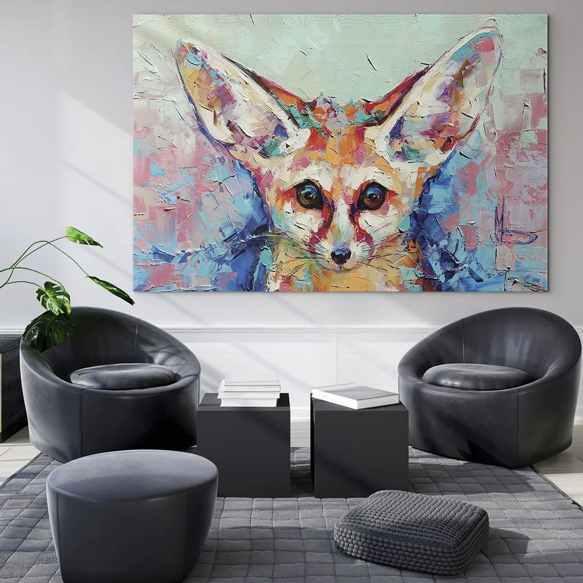 Obraz na skle - Barevný portrét lišky s výraznýma očima a výraznými tahy štětcem - 70x50cm - Jste na mě připraveni? - Moderní nástěnná dekorace do obývacího pokoje a ložnice ARTTOR