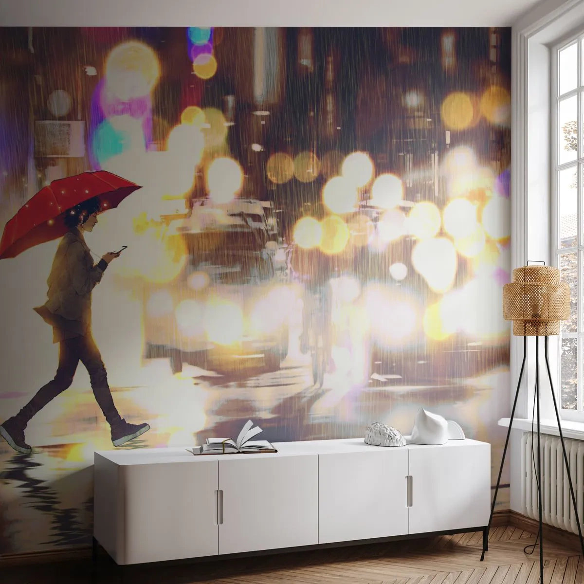 Fototapeta Samolepicí Deluxe Sticker - A přece slunečná - Město, Procházka v dešti, Deštník - 250x175 cm