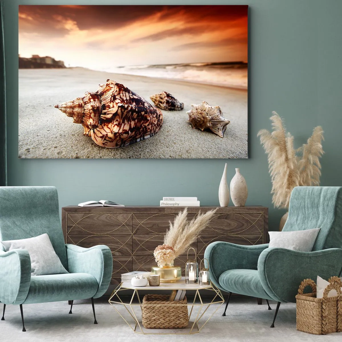 Obraz na plátně - Mušle na pláži při západu slunce - 70x50cm - Vyvrženci vln - Moderní nástěnná dekorace do obývacího pokoje a ložnice ARTTOR