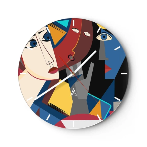 Nástěnné hodiny - Kubistické tváře v zářivých barvách v geometrické kompozici - 30x30cm - Konverzace kubistů - Moderní nástěnná dekorace do obývacího pokoje, kuchyně a ložnice ARTTOR