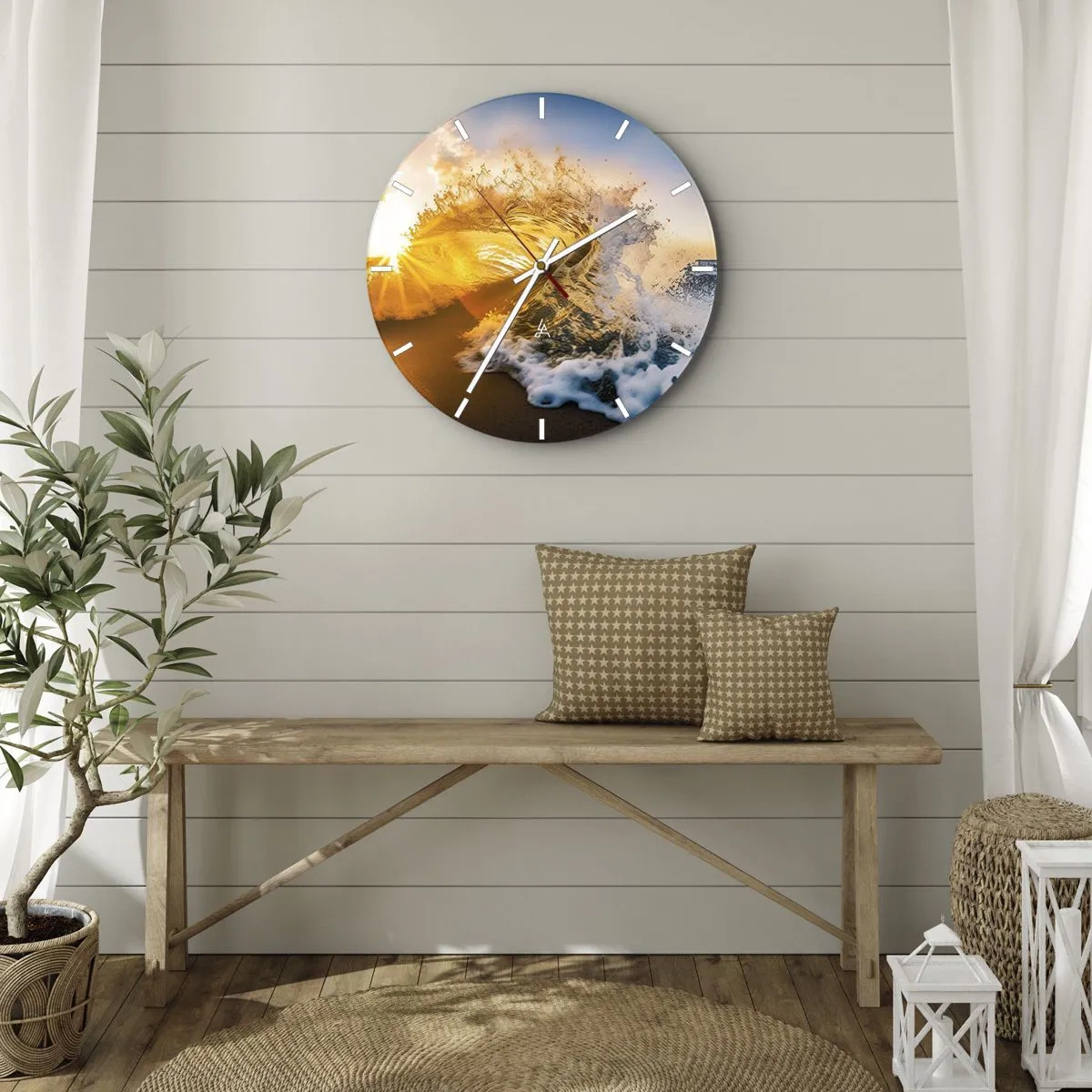 Nástěnné hodiny - Mořská vlna ozářená paprsky zapadajícího slunce - 30x30cm - Hra v písku - Moderní nástěnná dekorace do obývacího pokoje, kuchyně a ložnice ARTTOR
