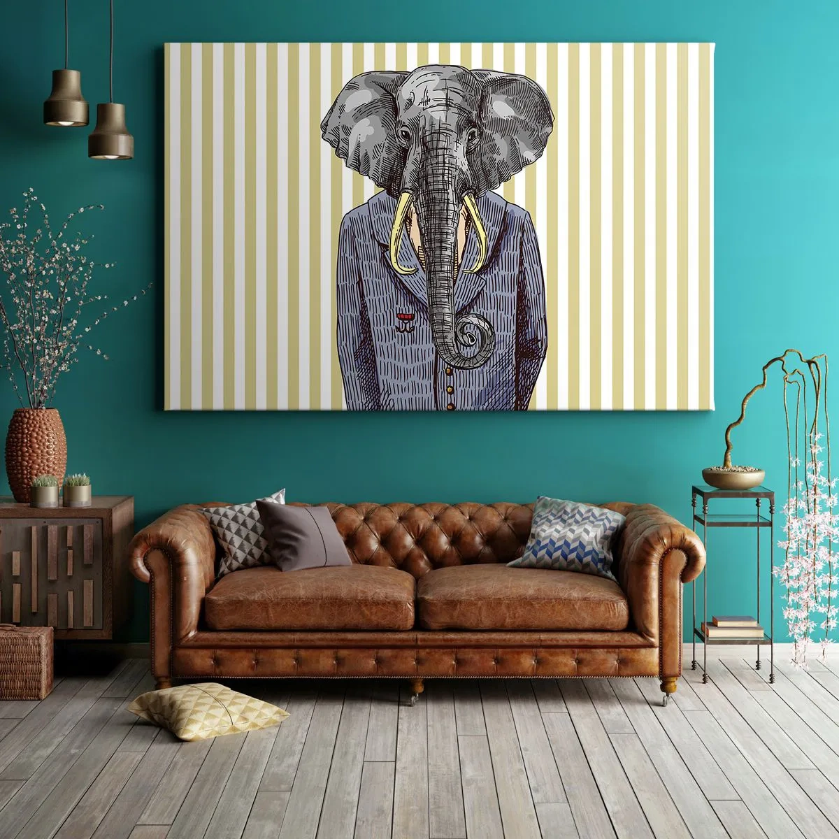 Obraz na plátně - Slon v obleku na pozadí béžových pruhů - 70x50cm - Elegantní od přírody - Moderní nástěnná dekorace do obývacího pokoje a ložnice ARTTOR