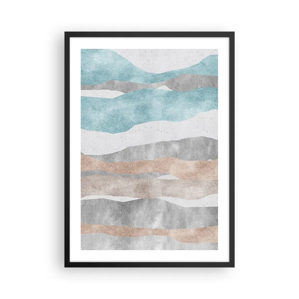 Plakát v černém rámu - Minimalistické vlny v odstínech modré a béžové - 50x70cm - Studie blízkosti - Moderní nástěnná dekorace do obývacího pokoje a ložnice ARTTOR