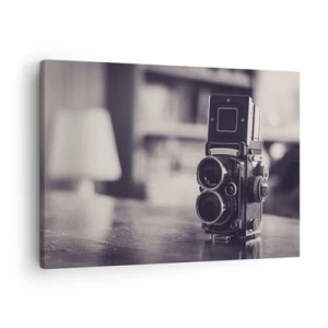 Obraz na plátně - Starožitný fotoaparát v černé a bílé - 70x50cm - Kouzlo staré fotografie - Moderní nástěnná dekorace do obývacího pokoje a ložnice ARTTOR