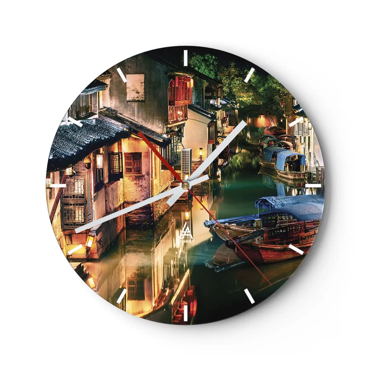 Nástěnné hodiny - Atmosférický kanál s loděmi a čínskou architekturou v noci - 30x30cm - Večer na čínské ulici - Moderní nástěnná dekorace do obývacího pokoje, kuchyně a ložnice ARTTOR