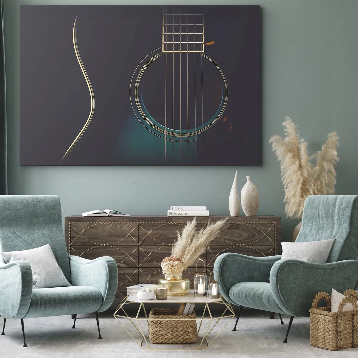 Obraz na plátně - Akustická kytara v tmavém, elegantním světle - 70x50cm - Okamžik, než to zazní - Moderní nástěnná dekorace do obývacího pokoje a ložnice ARTTOR