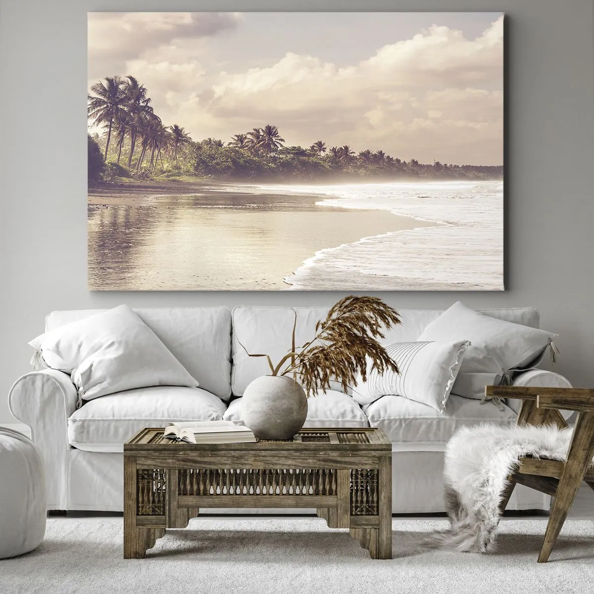 Obraz na plátně - Pláž s palmami a jemnými vlnami ráno - 70x50cm - Pohlazení vln - Moderní nástěnná dekorace do obývacího pokoje a ložnice ARTTOR
