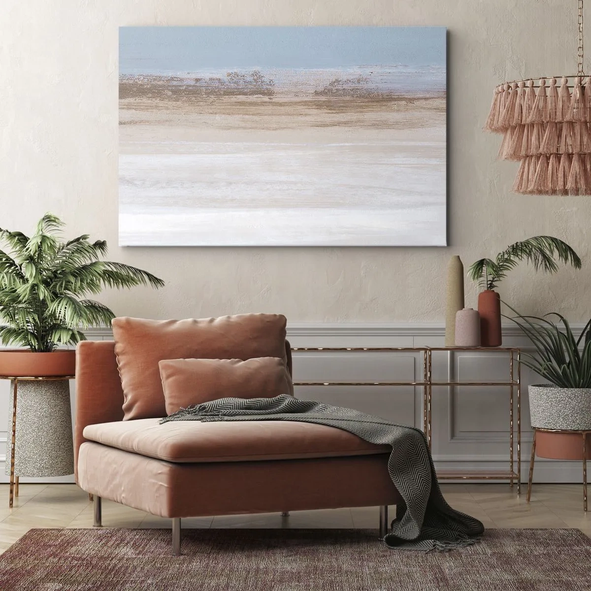 Obraz na plátně - Jemná krajina v pastelových odstínech modré a béžové - 70x50cm - Dvojznačná krajina - Moderní nástěnná dekorace do obývacího pokoje a ložnice ARTTOR