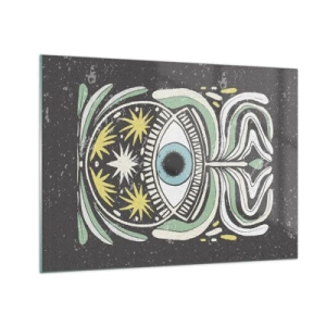 Obraz na skle - Grafické oko s kmenovou ornamentikou na tmavém pozadí - 70x50cm - Kmenové rituály - Moderní nástěnná dekorace do obývacího pokoje a ložnice ARTTOR