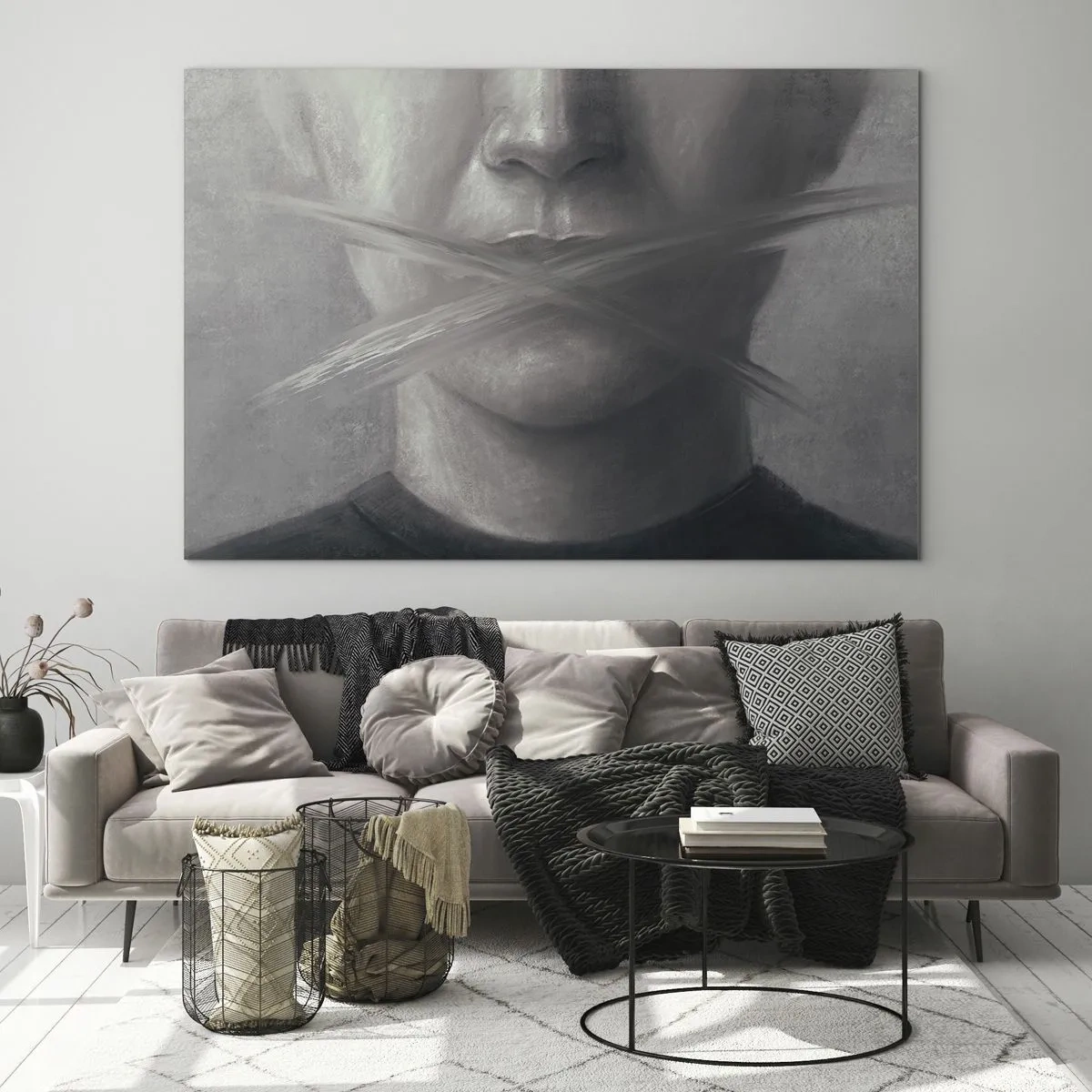 Obraz na skle - Portrét osoby s rozmazanými rty v odstínech šedé - 70x50cm - Ani slovo - Moderní nástěnná dekorace do obývacího pokoje a ložnice ARTTOR