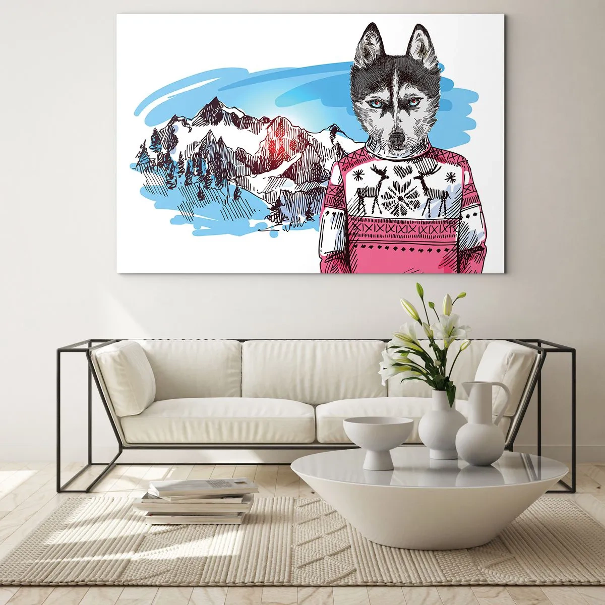 Obraz na skle - Husky ve svetru s horami v pozadí - 70x50cm - Vlk v ovčím rounu - Moderní nástěnná dekorace do obývacího pokoje a ložnice ARTTOR