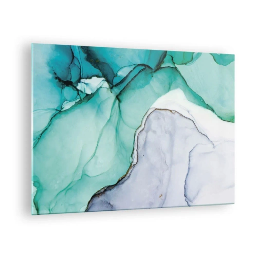 Obraz na skle - Abstraktní obraz v odstínech tyrkysové a bílé s jemnými prasklinami. - 70x50cm - Studie v tyrkysové - Moderní nástěnná dekorace do obývacího pokoje a ložnice ARTTOR
