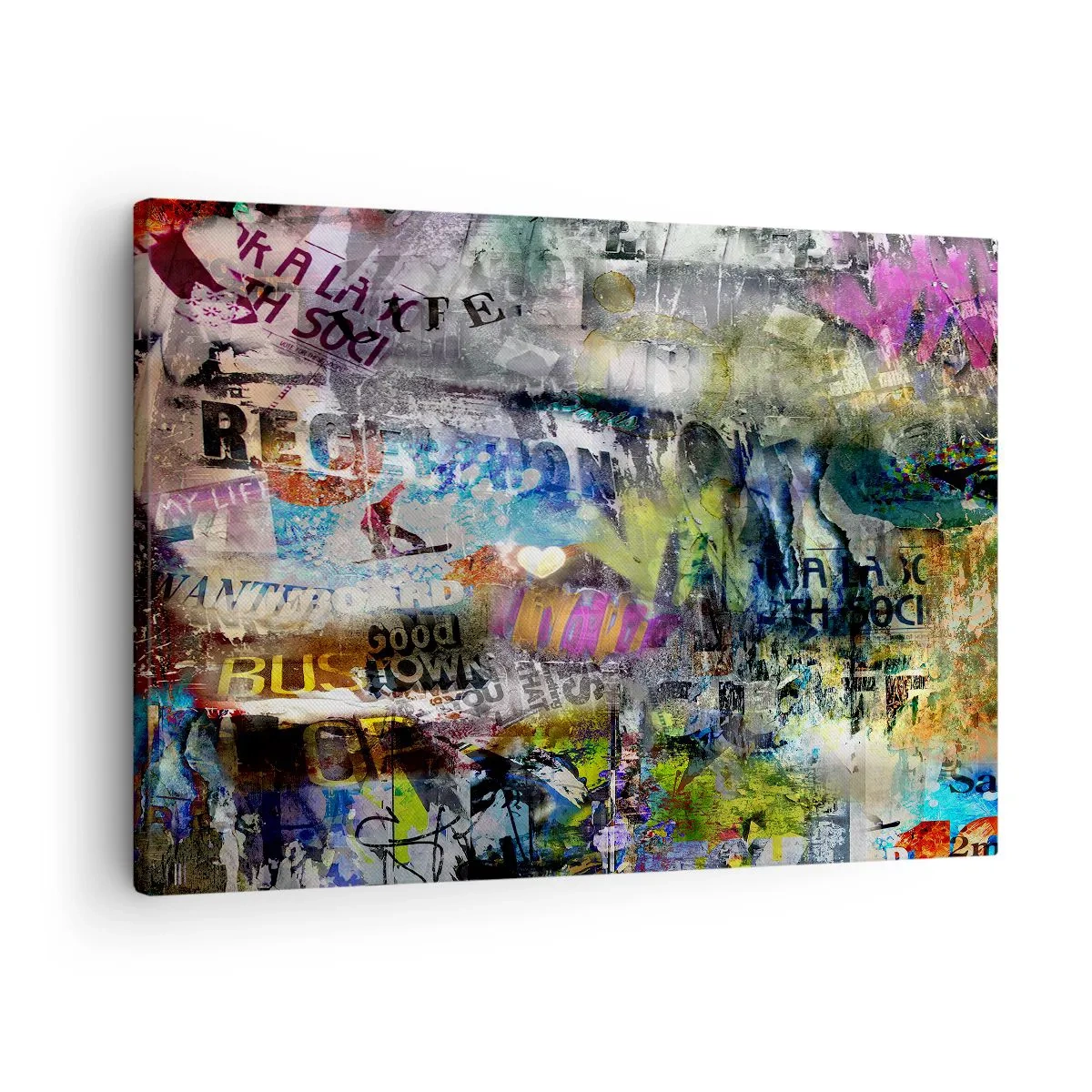 Obraz na plátně - Abstraktní koláž s textem a různými barvami - 70x50cm - Koláž vzpomínek - Moderní nástěnná dekorace do obývacího pokoje a ložnice ARTTOR