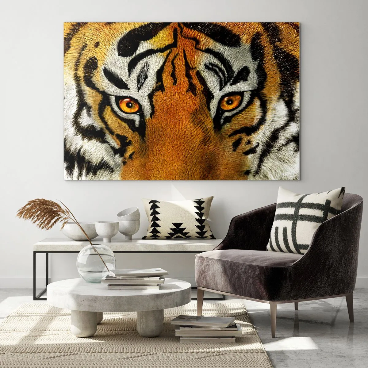 Obraz na skle - Detailní záběr na intenzivní pohled tygra - 70x50cm - Nebezpečný a krásný - Moderní nástěnná dekorace do obývacího pokoje a ložnice ARTTOR