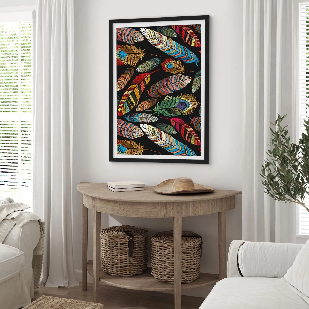Plakát v černém rámu - Barevné peří na černém pozadí - 50x70cm - Ptačí karneval - Moderní nástěnná dekorace do obývacího pokoje a ložnice ARTTOR