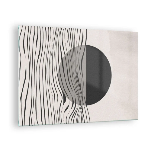 Obraz na skle - Černé vlny a kruh na béžovém pozadí - 70x50cm - Poloviční kompozice - Moderní nástěnná dekorace do obývacího pokoje a ložnice ARTTOR