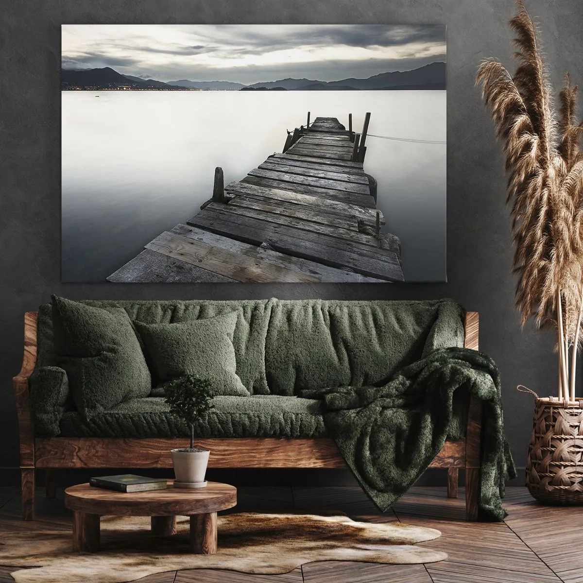 Obraz na plátně - Dřevěný most vedoucí k klidnému jezeru - 70x50cm - Ponořit se do klidu - Moderní nástěnná dekorace do obývacího pokoje a ložnice ARTTOR