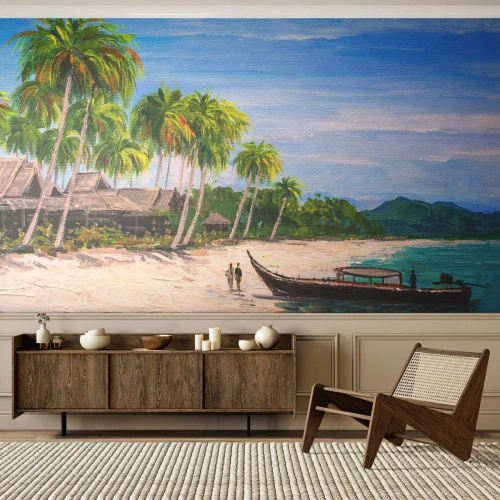 Fototapeta Standard Eco - Exotická pláž s palmami a tradiční lodí na vodě - 100x70cm - Exotický sen - Moderní nástěnná dekorace do obývacího pokoje a ložnice ARTTOR