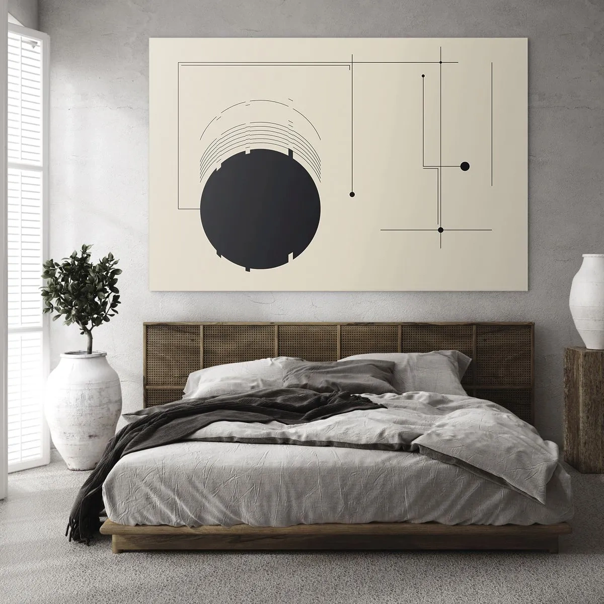 Obraz na skle - Abstraktní kompozice s černým kruhem a geometrickými čarami - 70x50cm - Pružná a dynamická kompozice - Moderní nástěnná dekorace do obývacího pokoje a ložnice ARTTOR