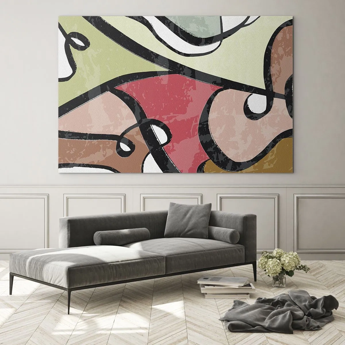 Obraz na skle - Barevná abstrakce s černými linkami - 70x50cm - Piruety uprostřed barev - Moderní nástěnná dekorace do obývacího pokoje a ložnice ARTTOR