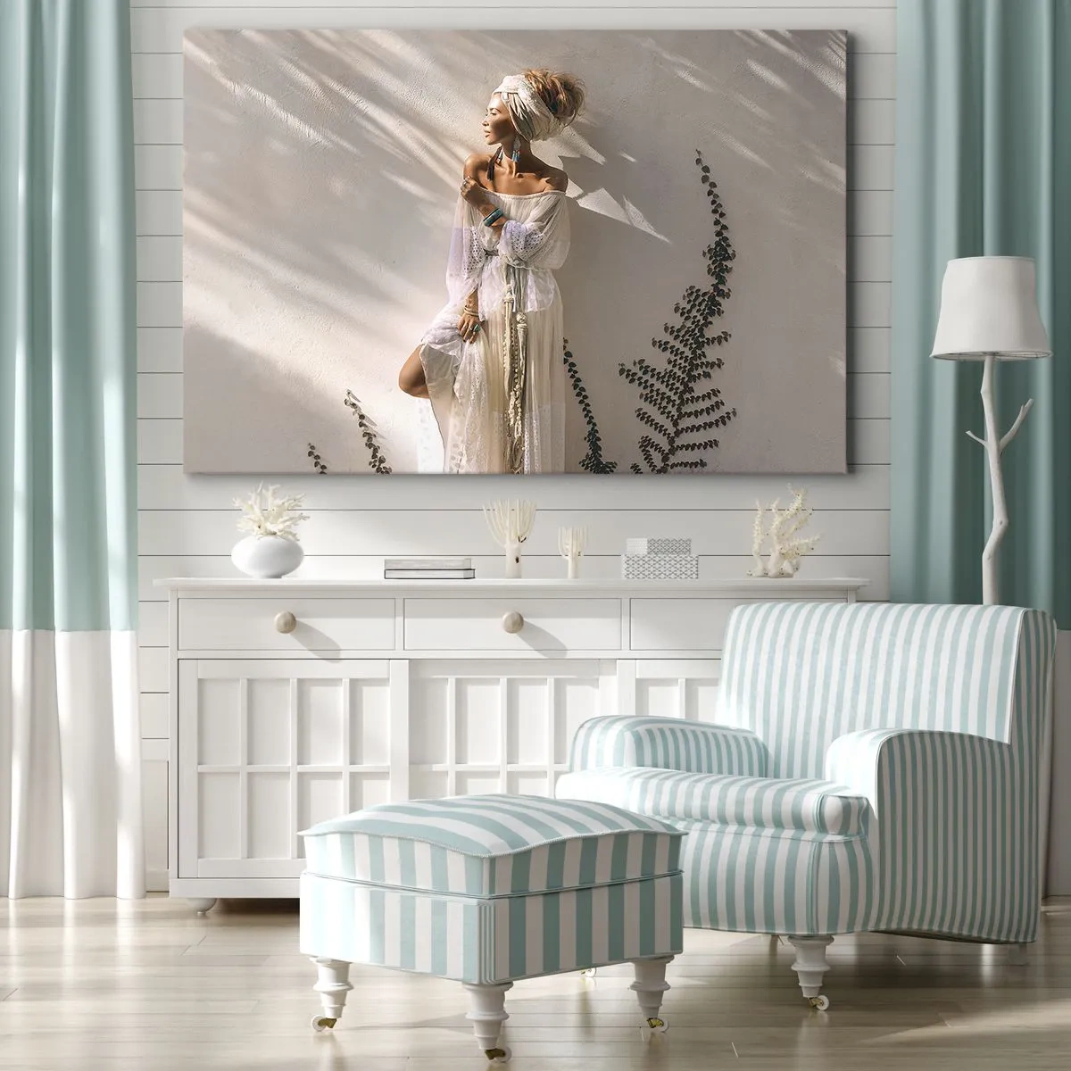 Obraz na plátně - Žena v boho stylu ozářená slunečními paprsky - 70x50cm - Slunce a dívka - Moderní nástěnná dekorace do obývacího pokoje a ložnice ARTTOR