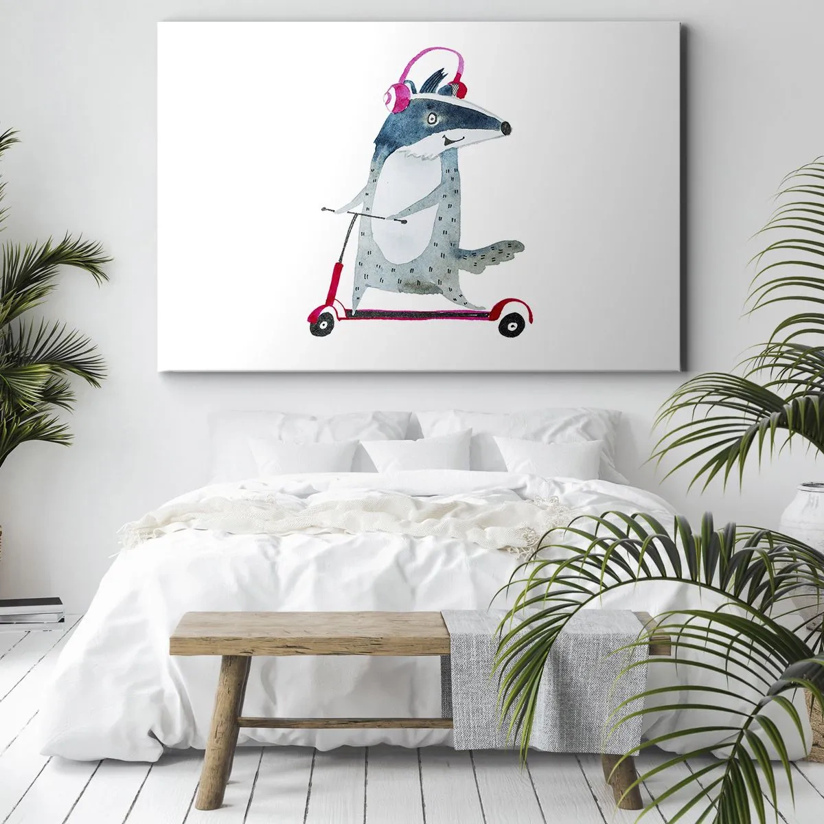 Obraz na plátně - Jezevec na koloběžce s růžovými sluchátky - 70x50cm - Jezevčí radosti - Moderní nástěnná dekorace do obývacího pokoje a ložnice ARTTOR