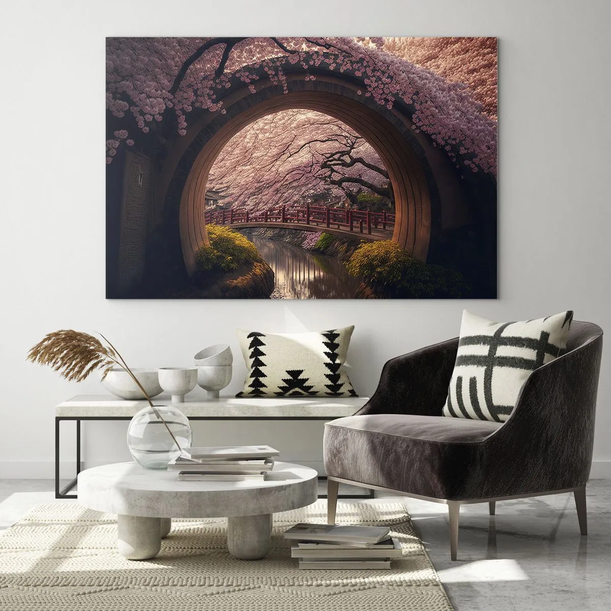 Obraz na skle - Třešňové květy a japonský most vidět skrz kulatou bránu - 70x50cm - Japonské jaro - Moderní nástěnná dekorace do obývacího pokoje a ložnice ARTTOR