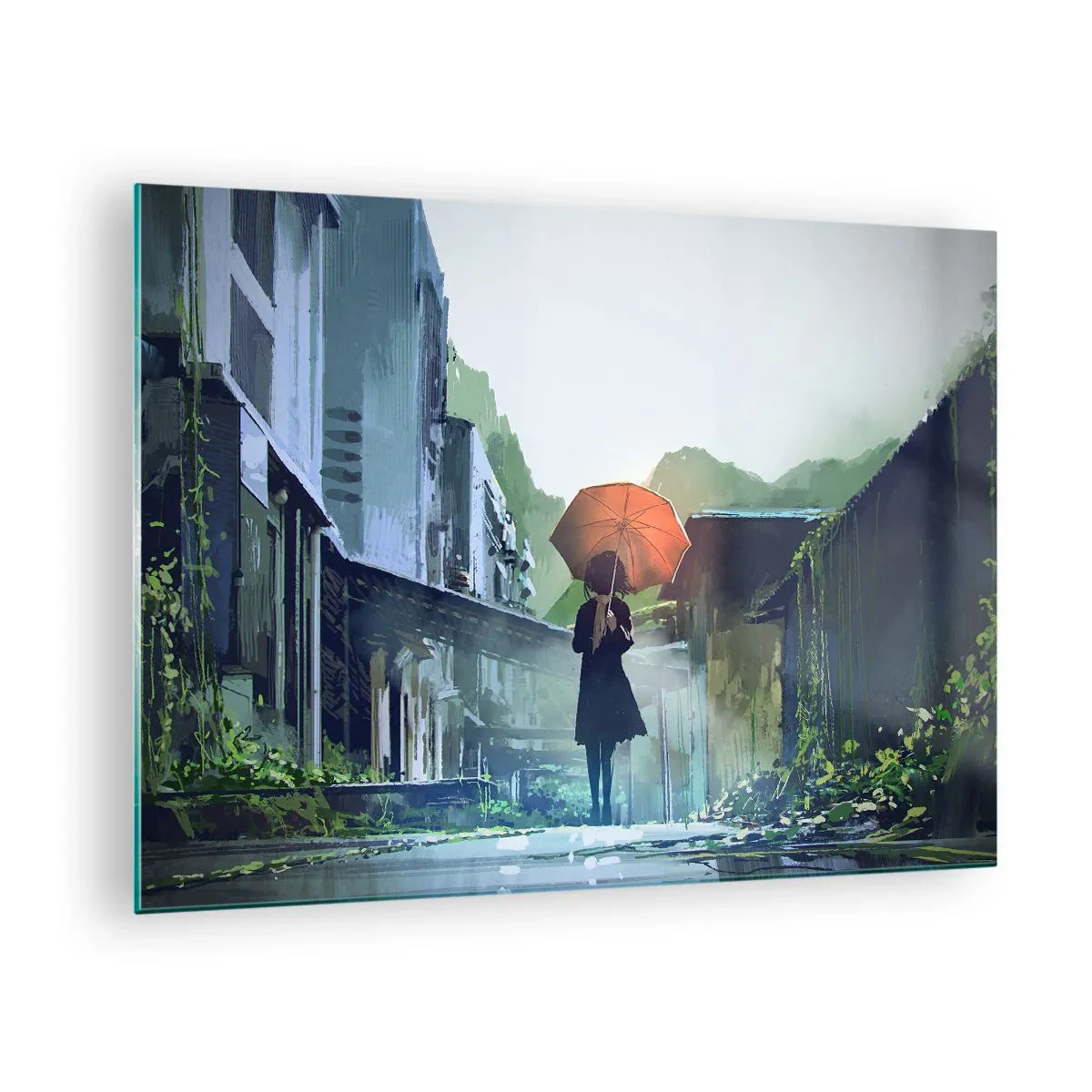Obraz na skle - Postava s oranžovým deštníkem na deštivé ulici - 70x50cm - Oživující déšť - Moderní nástěnná dekorace do obývacího pokoje a ložnice ARTTOR
