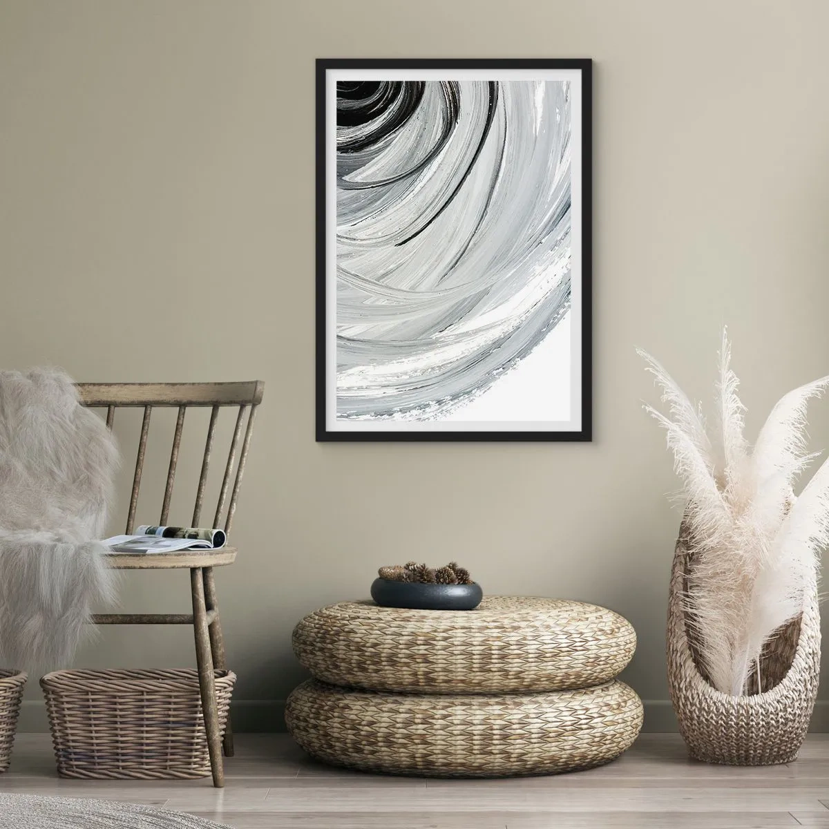 Plakát v černém rámu - Dynamická abstrakce v odstínech černé, bílé a šedé - 50x70cm - Orbitální kompozice - Moderní nástěnná dekorace do obývacího pokoje a ložnice ARTTOR