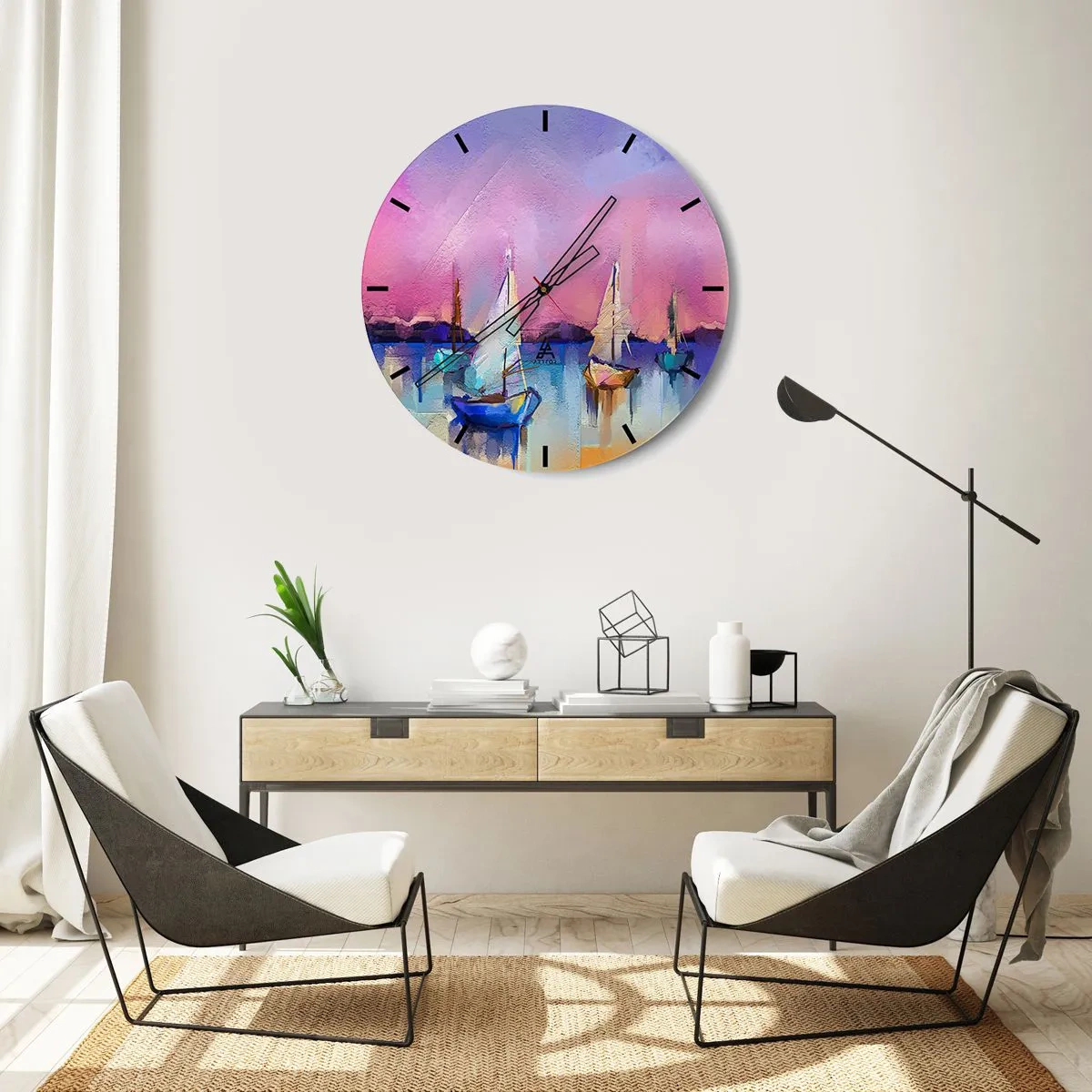 Nástěnné hodiny - Abstraktní přístav s plachetnicemi v pastelových barvách - 30x30cm - Směr: široké vody - Moderní nástěnná dekorace do obývacího pokoje, kuchyně a ložnice ARTTOR
