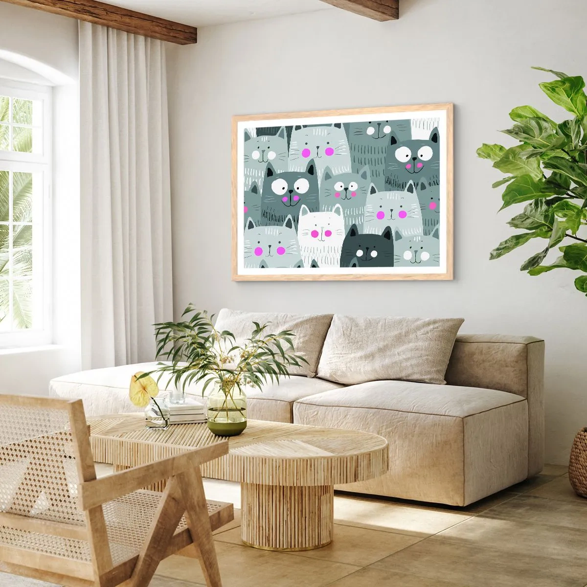 Plakát v rámu světlý dub - Kočičí svět - 70x50 cm