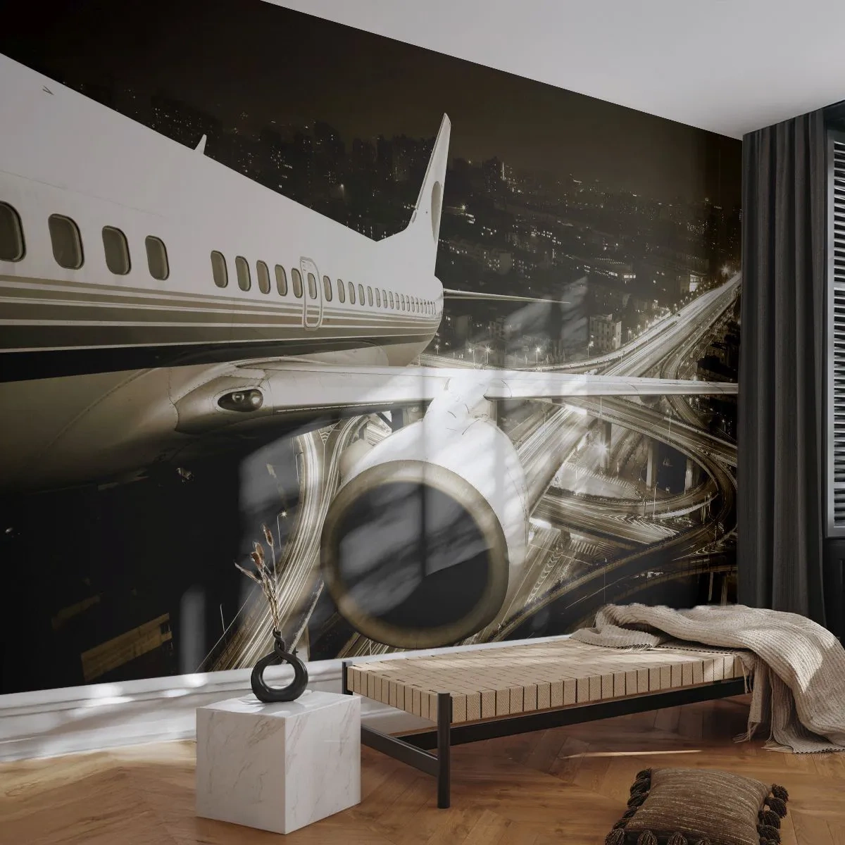 Fototapeta Premium Canvas - Letět do noci - Letadlo, Město, Automobilový průmysl - 250x175 cm