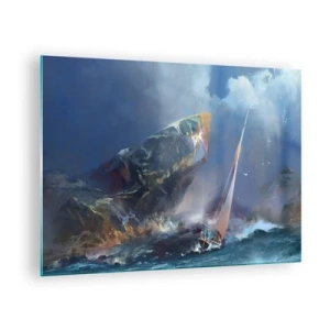 Obraz na skle - Plachetnice v bouři u skalnatého pobřeží - 70x50cm - Kdo má odvahu, vyhrává - Moderní nástěnná dekorace do obývacího pokoje a ložnice ARTTOR